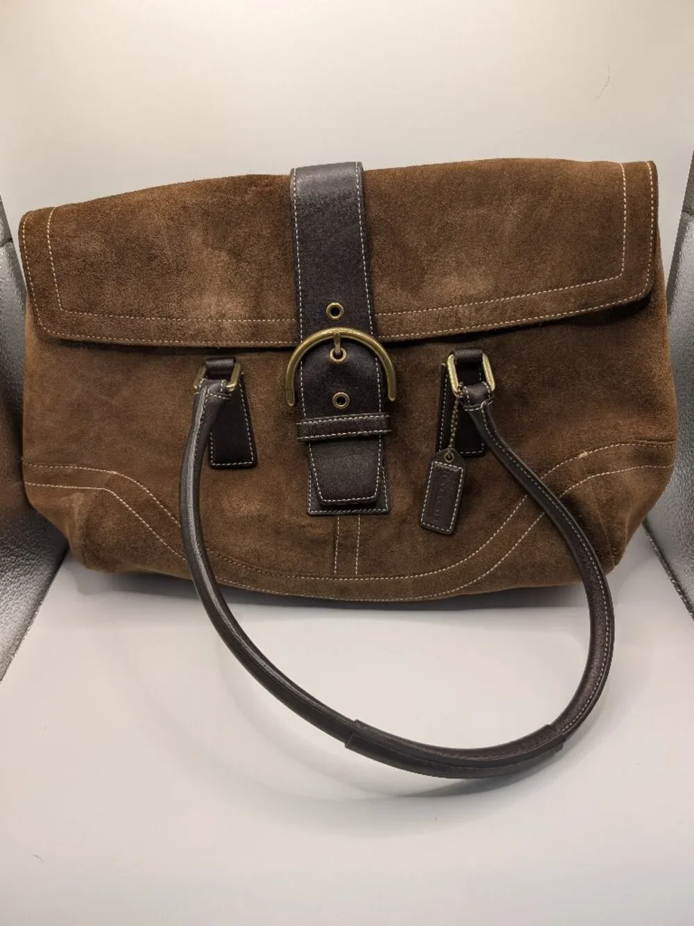 Coach Soho Suede Satchel #9507 Cocoa Brown Leather Trim Y2K